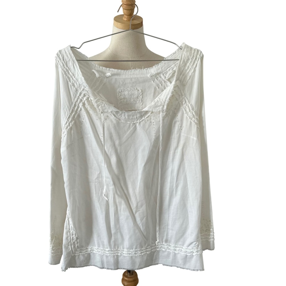 Da-Nang Surplus Indo-Chine White Cotton Embroidered Sequin Peasant Blouse Top
